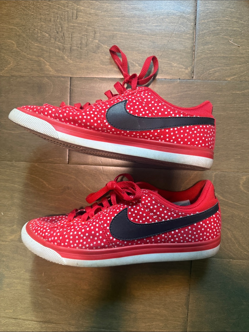 Nike Kids Red Polka Dot Sneakers with Black Swoosh